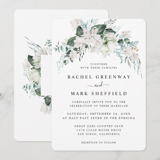 Elegant White Floral Dusty Blue Greenery Wedding Kaart (Voorkant / Achterkant)