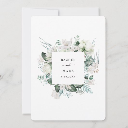 Elegant White Floral Dusty Blue Greenery Wedding Kaart (Achterkant)