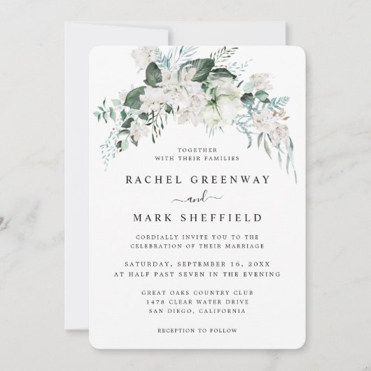 Elegant White Floral Dusty Blue Greenery Wedding Kaart (Voorkant)