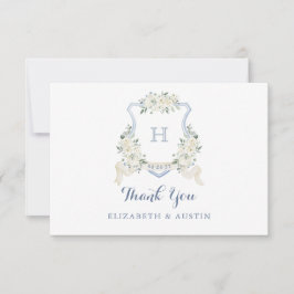 Elegant White Floral Dusty Blue Wedding Crest Bedankkaart