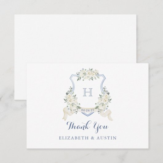Elegant White Floral Dusty Blue Wedding Crest Bedankkaart (Voorkant / Achterkant)
