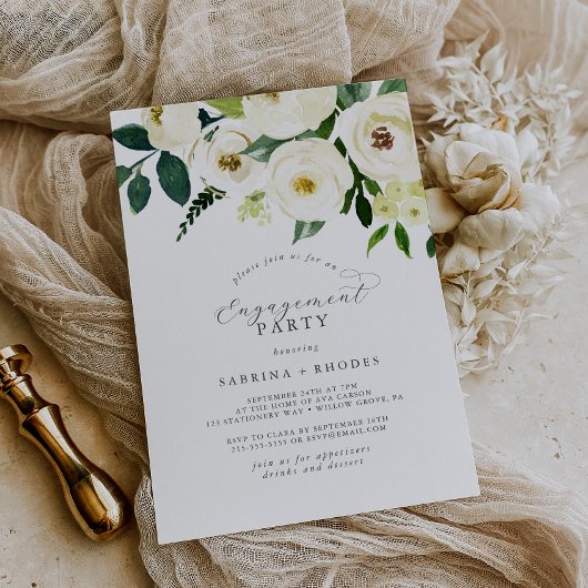Elegant White Floral Engagement Party Kaart