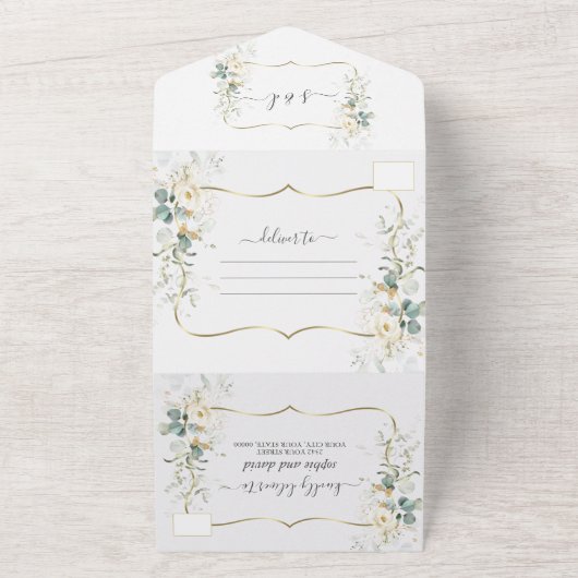 Elegant White Floral Eucalyptus Gold Wedding All In One Uitnodiging (Buitenkant)
