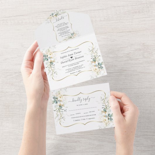 Elegant White Floral Eucalyptus Gold Wedding All In One Uitnodiging (Afscheurbaar)