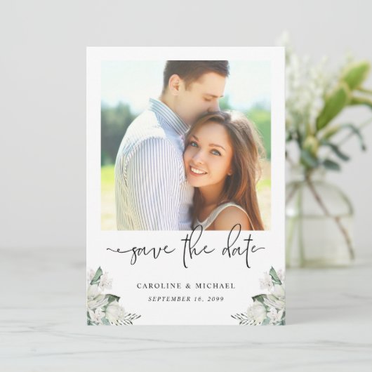 Elegant White Floral Eucalyptus Greenery Wedding Save The Date (Staand voorkant)