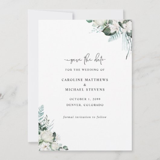 Elegant White Floral Eucalyptus Greenery Wedding Save The Date (Achterkant)