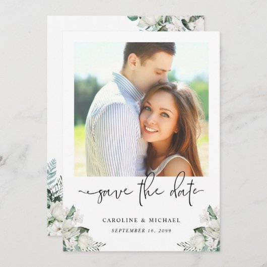 Elegant White Floral Eucalyptus Greenery Wedding Save The Date (Voorkant / Achterkant)