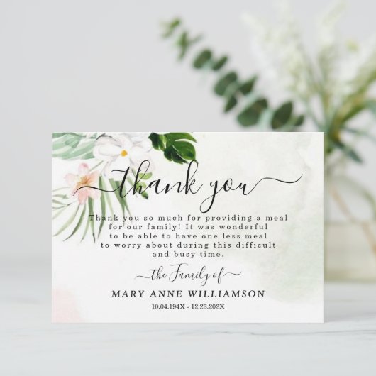 Elegant White Floral Funeral Food Hartelijk dank Bedankkaart (Staand voorkant)