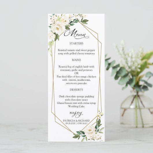Elegant White Floral Geometric Wedding Menu Kaarte (Staand voorkant)