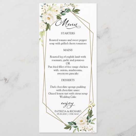 Elegant White Floral Geometric Wedding Menu Kaarte (Voorkant)