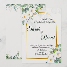 Elegant White Floral Gold Arch Wedding Invitation Kaart