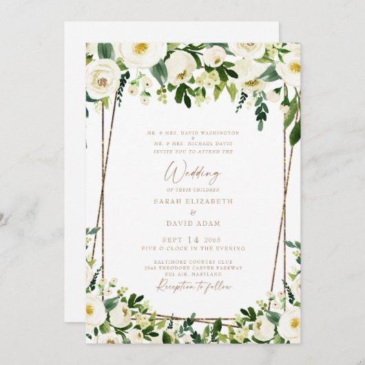 Elegant White Floral & Gold Beide ouders bruiloft  Kaart (Voorkant / Achterkant)