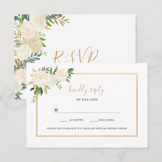 Elegant White Floral gold bruiloft rsvp Kaartje (Voorkant / Achterkant)