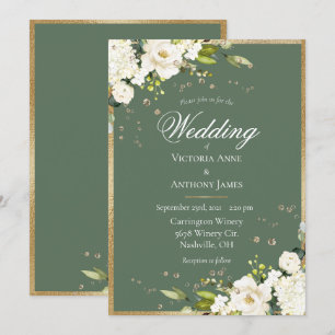 Elegant White Floral Gold Green Wedding Kaart