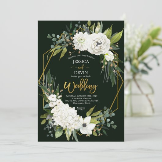 Elegant White Floral Gold Lijst Wedding Kaart (Staand voorkant)