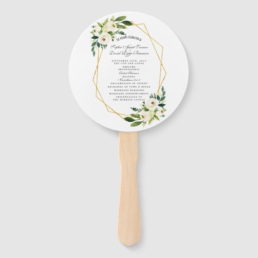 Elegant White Floral Gold Lijst Wedding Programme Handwaaier (Voorkant)