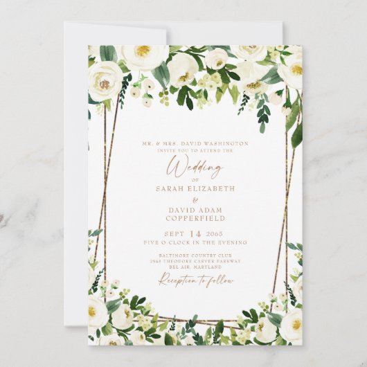 Elegant White Floral & Gold Modern Wedding Kaart (Voorkant)