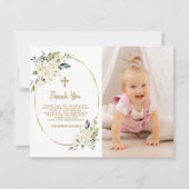 Elegant White Floral Gold Photo Girl Christening Bedankkaart (Voorkant)
