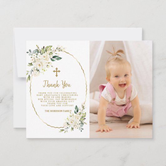 Elegant White Floral Gold Photo Girl Christening Bedankkaart (Voorkant)