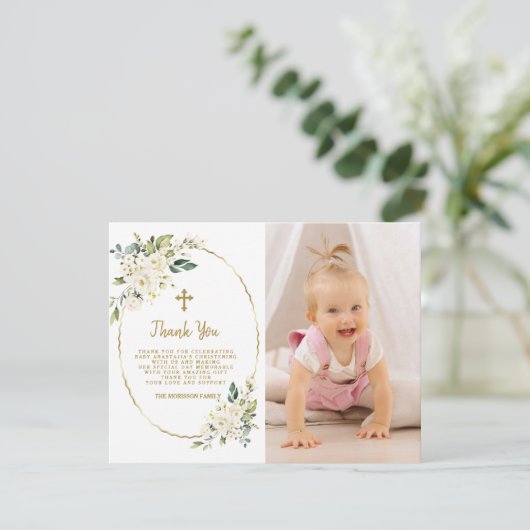 Elegant White Floral Gold Photo Girl Christening Bedankkaart (Staand voorkant)