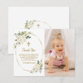 Elegant White Floral Gold Photo Girl Christening Bedankkaart (Voorkant / Achterkant)