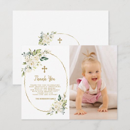 Elegant White Floral Gold Photo Girl Christening Bedankkaart (Voorkant / Achterkant)