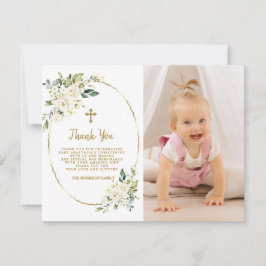 Elegant White Floral Gold Photo Girl Christening Bedankkaart