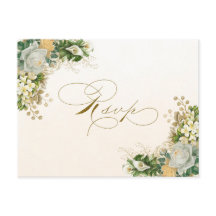 Elegant White Floral Gold Wedding RSVP