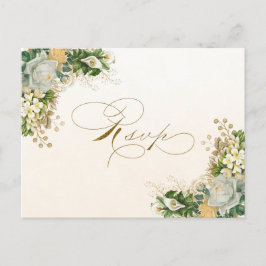 Elegant White Floral Gold Wedding RSVP Briefkaart