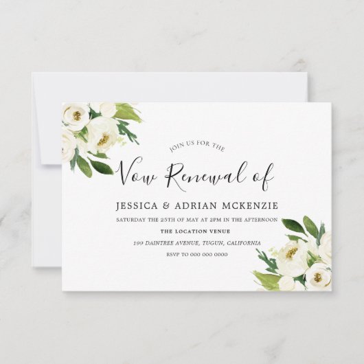 Elegant White Floral Green Leaf Vow Renewal Invite RSVP Kaartje (Voorkant)