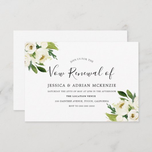 Elegant White Floral Green Leaf Vow Renewal Invite RSVP Kaartje (Voorkant / Achterkant)