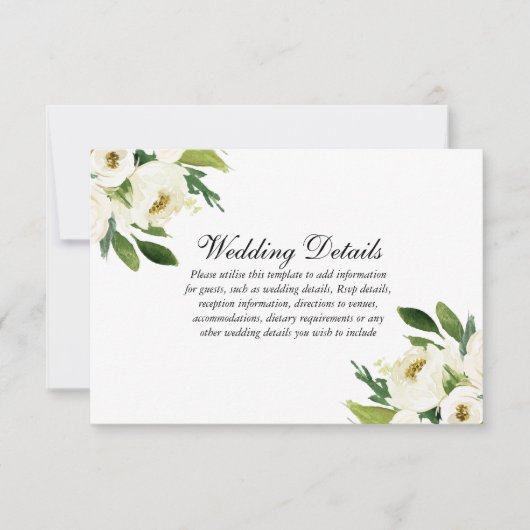 Elegant White Floral Green Leaf Wedding Details RSVP Kaartje (Voorkant)