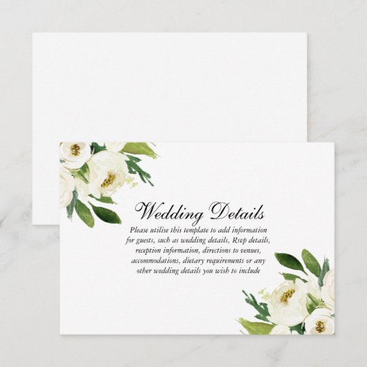 Elegant White Floral Green Leaf Wedding Details RSVP Kaartje (Voorkant / Achterkant)