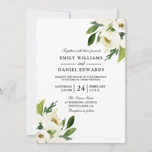 Elegant White Floral Green Leaf Wedding Invitation Kaart (Voorkant)