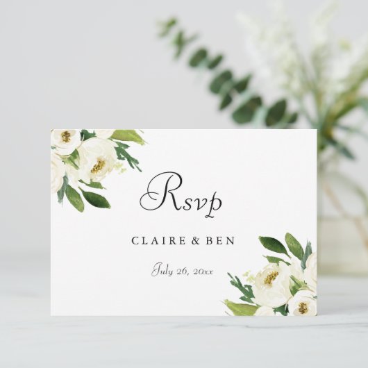 Elegant White Floral Green Leaf Wedding RSVP Kaartje (Staand voorkant)