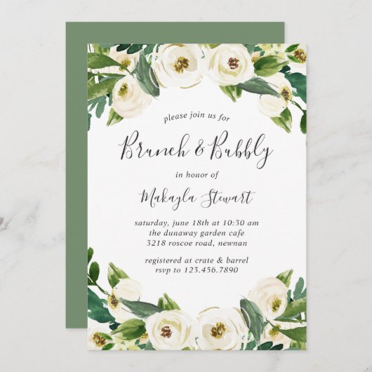 Elegant White Floral Greenery Brunch en Bubble Kaart (Voorkant / Achterkant)
