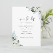 Elegant White Floral Greenery Foto Wedding Save The Date (Staand voorkant)