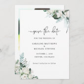 Elegant White Floral Greenery Foto Wedding Save The Date (Voorkant / Achterkant)