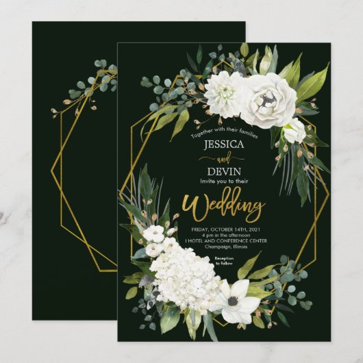 Elegant White Floral Greenery Gold Lijst Wedding Kaart (Voorkant / Achterkant)