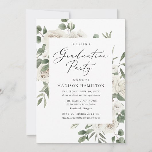 Elegant White Floral Greenery Graduation Party Kaart (Voorkant)