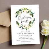 Elegant White Floral Greenery Graduation Party Kaart