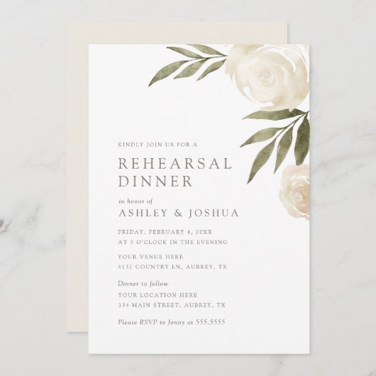 Elegant White Floral Greenery Rehearsal Dinner Inv Kaart (Voorkant / Achterkant)