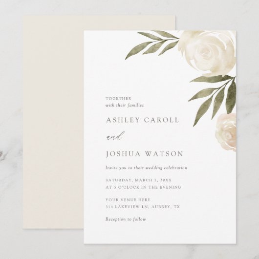 Elegant White Floral Greenery Wedding Invitation Kaart (Voorkant / Achterkant)