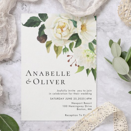 Elegant White Floral Greenery Wedding Invitation Kaart
