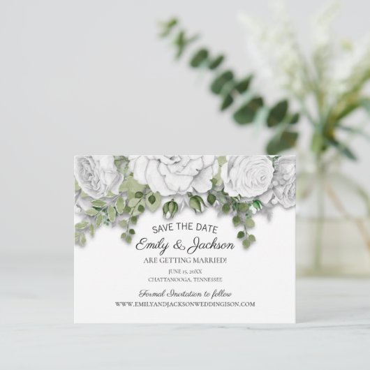 Elegant White Floral Greenery Wedding Save Date Briefkaart (Staand voorkant)