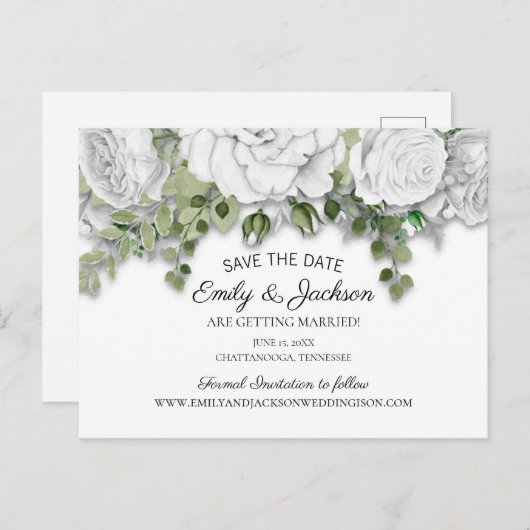 Elegant White Floral Greenery Wedding Save Date Briefkaart (Voorkant / Achterkant)