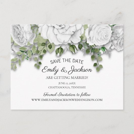 Elegant White Floral Greenery Wedding Save Date Briefkaart (Voorkant)