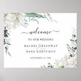 Elegant White Floral Greenery Wedding Welkom Poster