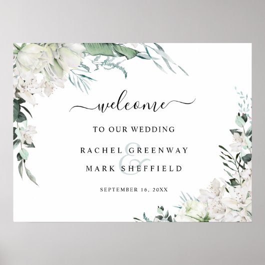 Elegant White Floral Greenery Wedding Welkom Poster (Voorkant)