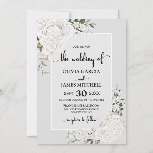 Elegant White Floral Grey Wedding Kaart (Voorkant)